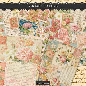 May include: A collection of vintage papers featuring layered floral illustrations, cursive handwriting, and postage stamp motifs in shades of pink, cream, green, and blue. The collage includes torn edges and botanical prints on aged, parchment-like paper.