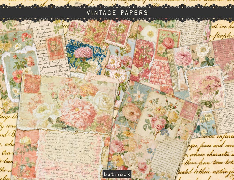 May include: A collection of vintage papers featuring layered floral illustrations, cursive handwriting, and postage stamp motifs in shades of pink, cream, green, and blue. The collage includes torn edges and botanical prints on aged, parchment-like paper.