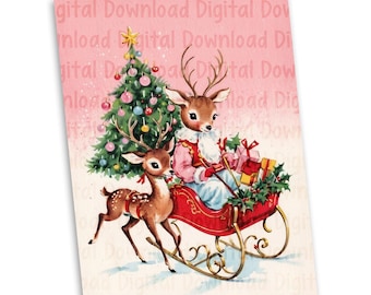 Vintage Rentiere mit Schlitten Bild, 5 x 7 Zoll Vintage Weihnachtspostkarte Poster Foto, Vintage Printables, Vintage Ephemera, digitaler Download