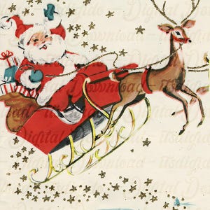 Vintage Weihnachtsmann mit Rentier im Schlitten, Vintage Weihnachtspostkarte, Plakat, Foto, Vintage Printables, Vintage Ephemera, digitaler Download