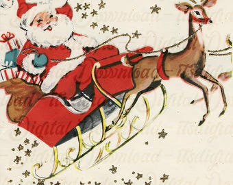 Vintage Santa with Reindeer in Sleigh Image, Vintage Christmas Postcard Poster Photo, Vintage Printables, Vintage Ephemera, Digital Download