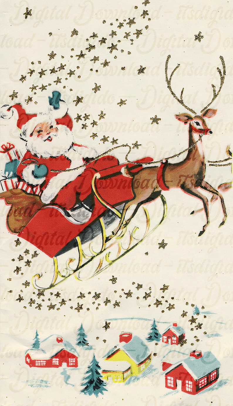K&ouml;nnte beinhalten: Vintage Weihnachtskarten-Illustration von Weihnachtsmann in einem roten Schlitten, der von einem Rentier gezogen wird, das &uuml;ber ein verschneites Dorf mit goldenen Glitzersternen fliegt.