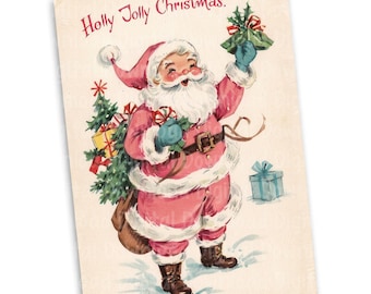 Vintage Pink Santa Image, 5x7in Vintage Merry Christmas Postcard Poster Photo, Vintage Printables, Vintage Ephemera, Digital Download