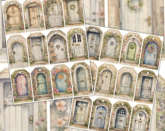 24 Vintage Tags Whimsical Doors Kit Printable Digikit Cozy Floral Home Collage Ephemera Scrapbooking Junk Journal Paper Set Digital Download