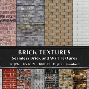 12 Seamless Brick Texture, Seamless Brick and Wall Pattern, Brick Texture Wallpaper, Backdrop, Digital Paper Pack, Digital Download