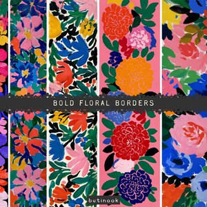 May include: A collection of colorful floral border designs. The borders feature a variety of flowers in shades of pink, blue, orange, yellow, and purple, with green leaves. The text "BOLD FLORAL BORDERS" is displayed across the image.
