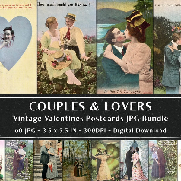 60 Vintage Couples Postcards, Romantic Postcards, Lovers Vintage Cards, Digital Postcard Bundle, Vintage Valentines, Instant Download