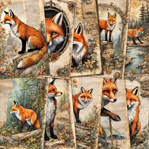 Vintage Fox Woodland kit numérique page de scrapbooking, papiers anciens imprimables Digikit éphémères A5, page de journal indésirable en détresse, pages en téléchargement numérique