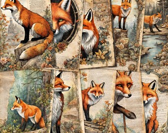 Vintage Fox Woodland Digital Kit Scrapbook Page Printable Antique Papers Digikit Ephemera A5 Distressed Junk Journal Pages Digital Download