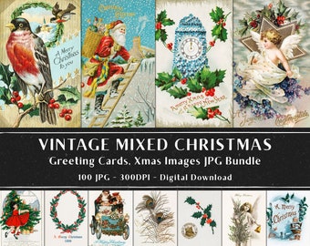 100 imágenes navideñas vintage variadas, tarjetas de Papá Noel, postales vintage, paquete navideño, 100 imágenes de Navidad, descarga instantánea
