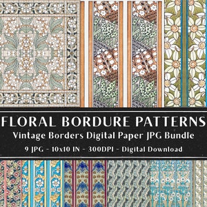 May include: A set of nine digital paper patterns featuring vintage floral borders. The patterns are in a variety of colors, including green, blue, red, and white. The patterns are 10 inches by 10 inches and 300 DPI.
