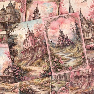 10 Vintage Rustic Soft Pink Kit Printable A5 Digikit Antique Houses Collage Ephemera Scrapbooking Junk Journal Paper Set Digital Download