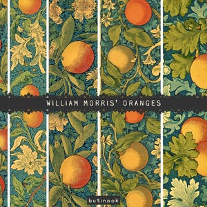 May include: A repeating pattern featuring oranges, leaves, and floral elements in shades of orange, green, and teal. The design is reminiscent of William Morris's style, with the text "WILLIAM MORRIS' ORANGES" across the image.