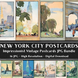 16 cartes postales vintage de la ville de New York, images de voyage, scènes de la ville de New York, lot de cartes postales, article numérique, téléchargement immédiat