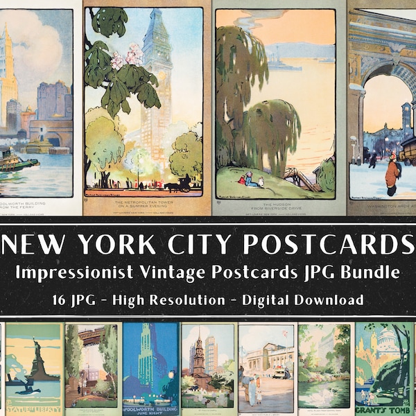 16 Vintage New York City Postcards, Travel Images, New York City Scenes, Postcard Bundle, Digital Item, Instant Download