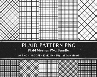 May include: A set of 10 black and white plaid patterns in PNG format. The patterns are 12 inches by 12 inches and 300 DPI. The text "PLAID PATTERN PNG" and "Plaid Meshes PNG Bundle" is displayed on a black background. The text "10 PNG - 300DPI - 12x12 IN - Digital Download" is also displayed.