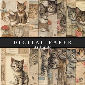 May include: Digital paper pack featuring vintage-style illustrations of cats. The paper includes a range of patterns and designs, such as floral motifs, old-fashioned text, and antique-looking clocks. The cats are shown in various poses, including sitting, standing, and looking at the viewer. The paper is ideal for scrapbooking, card making, and other paper crafts.