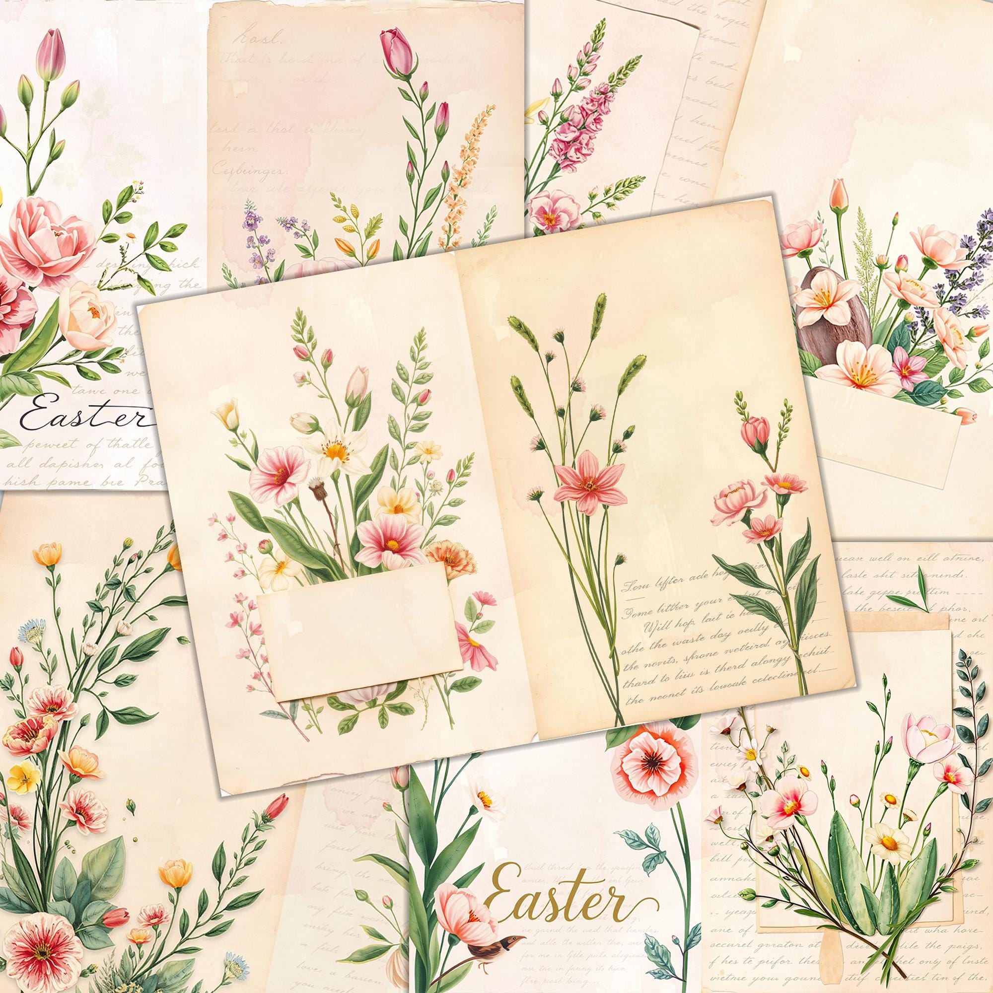 Vintage Easter Floral Digital Kit Printable Antique Spring Papers Digikit Old Ephemera Page Scrapbooking Junk Journal Pages Digital Download