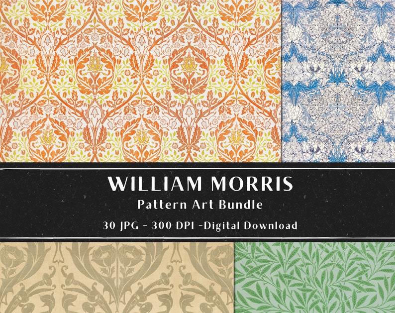 Puede incluir: Un paquete de descarga digital de 30 impresiones de arte de patrones de William Morris. Las impresiones presentan intrincados dise&ntilde;os florales y geom&eacute;tricos en una variedad de colores, incluyendo naranja, amarillo, azul, verde y blanco. Las impresiones son de 300 DPI y son perfectas para manualidades, scrapbooking o decoraci&oacute;n.