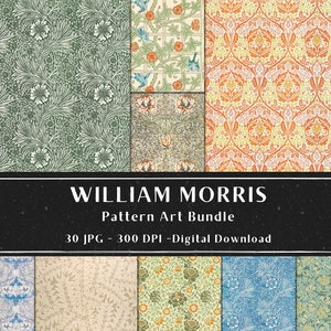 Puede incluir: Un paquete de descarga digital de 30 impresiones de arte de patrones de William Morris. Las impresiones presentan intrincados dise&ntilde;os florales y geom&eacute;tricos en una variedad de colores, incluyendo verde, azul, amarillo y naranja. Las impresiones son de 300 DPI y son perfectas para manualidades, scrapbooking y otros proyectos creativos.