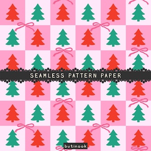 May include: Seamless pattern paper featuring a grid of alternating red and green Christmas trees on a pink and light pink background. Each tree has a pink bow. The text "SEAMLESS PATTERN PAPER" is displayed.