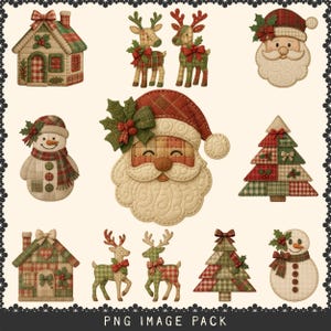 Op de afbeelding: Een verzameling kerstthema stoffen applicaties. De ontwerpen omvatten een huis, rendieren, de kerstman, een sneeuwpop en een kerstboom. De applicaties hebben rode, groene en crèmekleurige ruitpatronen, met hulst- en strikaccenten. De afbeelding is gelabeld "PNG IMAGE PACK".