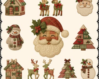 Faux Patchwork Cozy Christmas PNG Pack, Faux Quilted, Faux PNG Set, Rustic Plaid Santa PNG, Bundle, Digital Download, 2025, Trendy