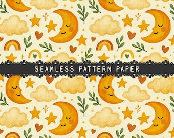Patrón sin costuras de luna y estrellas en acuarela, papel digital con cielo nocturno para guardería, estampado bohemio acogedor para bebé, descarga digital