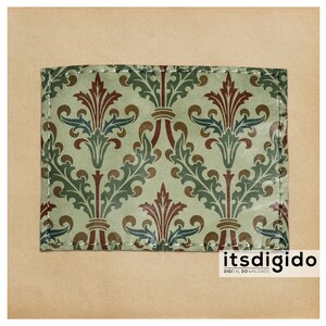 May include: A digital download of a vintage-style green, brown, and red floral pattern with a stitched border. The pattern is on a light brown background. The text "itsdigido DIGITAL DOWNLOADS" is at the bottom of the image.