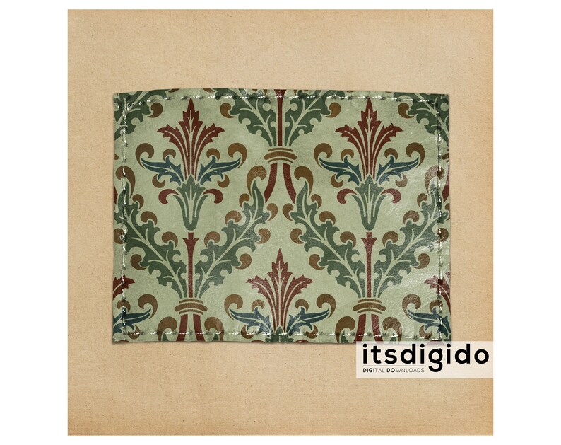 May include: A digital download of a vintage-style green, brown, and red floral pattern with a stitched border. The pattern is on a light brown background. The text "itsdigido DIGITAL DOWNLOADS" is at the bottom of the image.