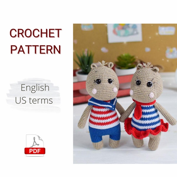 SET of 2 CROCHET PATTERNS - Crochet Hippos Emma and Mailo / Amigurumi Crochet Patterns / Amigurumi Crochet Animals