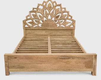 Lotus Hand Carved Mango Wood Bedframe With Ornate Headboard, Distress Natural Antique Finish