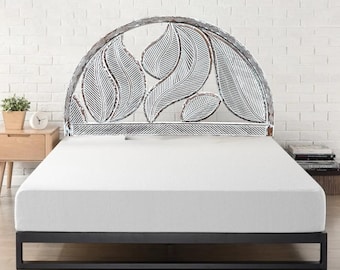 Hand Carved Leafs Work Queen Bed Headboard: Distressed Floral Home Decor