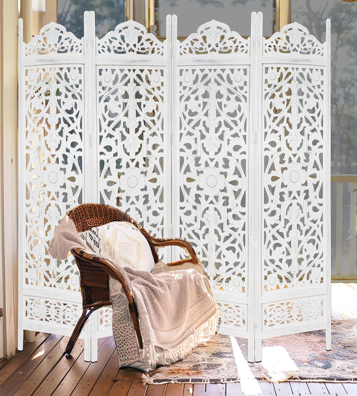 お値下げ❣️海外製　木製の彫刻入り4パネル間仕切り 彫刻が施された木製間仕切り、4枚パネル！アンティーク調仕上げ - Etsy