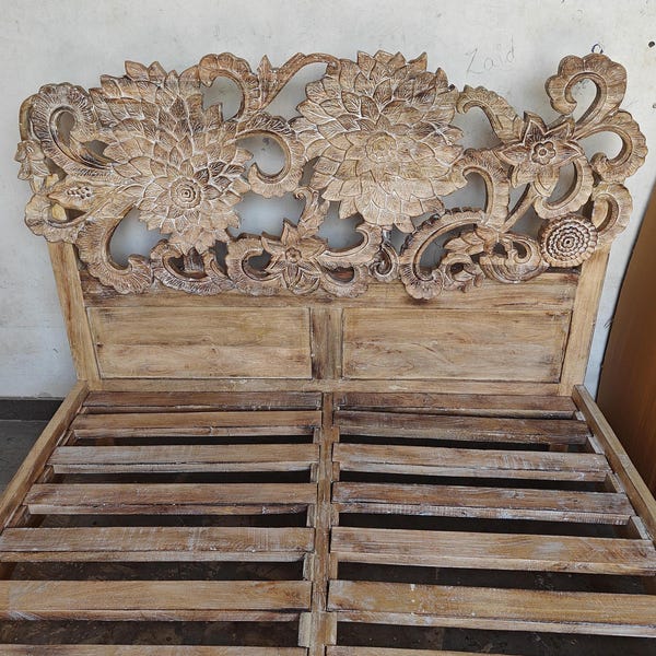 Handmade Carved Mango Wood Bed Frame: Distressed Sunflower Design