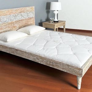 Queen Size Carved Mango Wood Bed Frame: Distressed Home Decor
