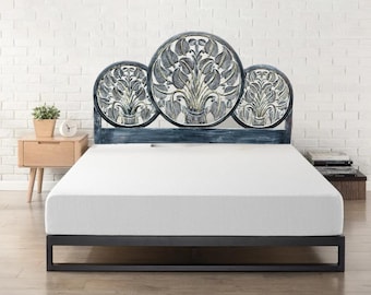 Hand Carved Floral Headboard: Mid Century Distressed Queen Bed