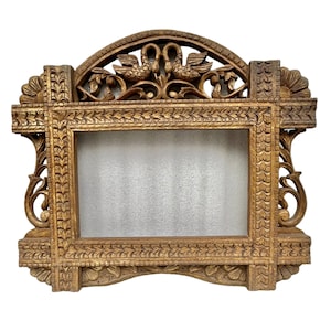 Carved Wood Jharokha Mirror: Distressed Gold Indian Wall Decor