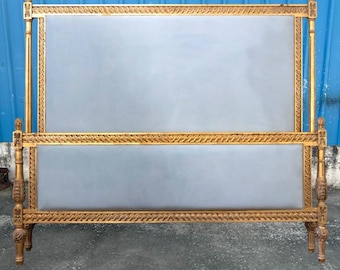 Handmade Wooden Gilded King Size Bed Set- Carved Bed Frame - Posts With Cream Velvet