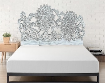 Cabecero para cama tamaño queen con diseño de girasoles tallados a mano: acabado antiguo envejecido