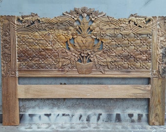 Hand Carved Mango Wood Queen Bed Headboard: Distressed Floral Home Decor