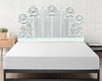 Hand Carved  Cutting Sun Flowers Queen Bed Headboard: Distressed Antique Finish