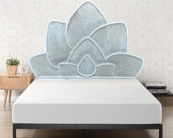 Hand Carved Lotus Flower Queen Headboard: Distressed Antique Finish
