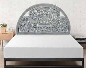Hand Carved Multi Flowers Styles Queen Headboard: Distressed Gray Antique Finish