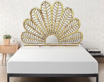 Hand Carved Honey Bee Wings Floral Headboard: Mid Century Distressed Queen Bed