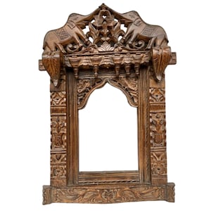 Hand geschnitzte Mango Holz Spiegel Rahmen: Indische Antike Wand Dekor