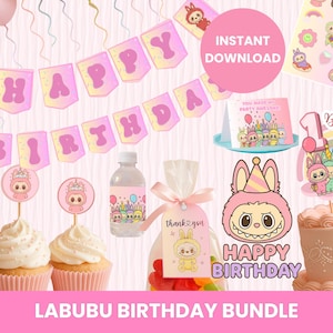 Labubu Birthday Bundle Party Decor, Printable Labubu Banner, Cake & Cupcake Toppers, Labubu Favor Cards  Cute Kids Party, labubu tags