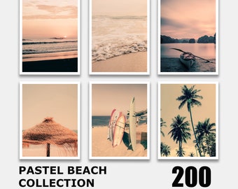 Summer California Beach, Set of 200 Beach Wall Art Prints, Modern Coastal Printable, Tropical Ocean Poster, Blush Beach Set
