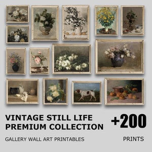 Bodegones de flores botánicas imprimibles, conjunto de arte de pared de galería de +200, pintura de rosas de bodegones neutros, paquete de estampados florales vintage