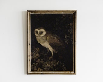 Antique Owl Painting, Dark Vintage Printable Wall Art, Moody Rustic Bird Print, Dark Academia Decor, Portrait Owl Print